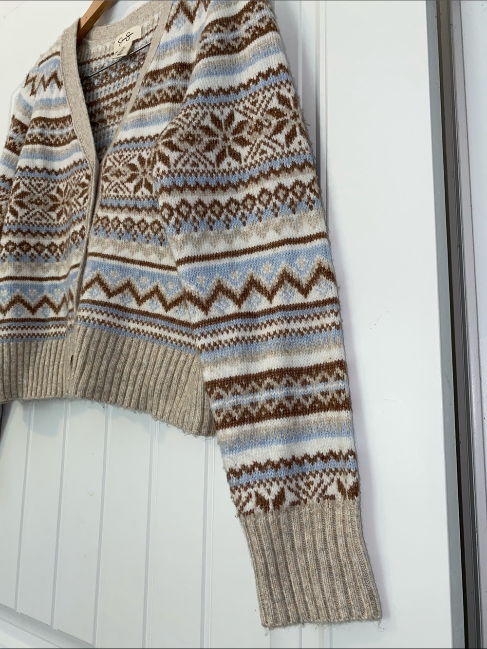 Jessica Simpson Beige, Brown and Light Blue Button Cropped Cardigan size Large - Picture 6 of 8